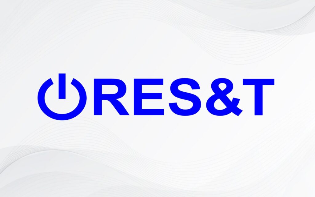 Logo RES&T in colore blu con simbolo di accensione, marchio di un centro di assistenza e riparazioni smartphone.