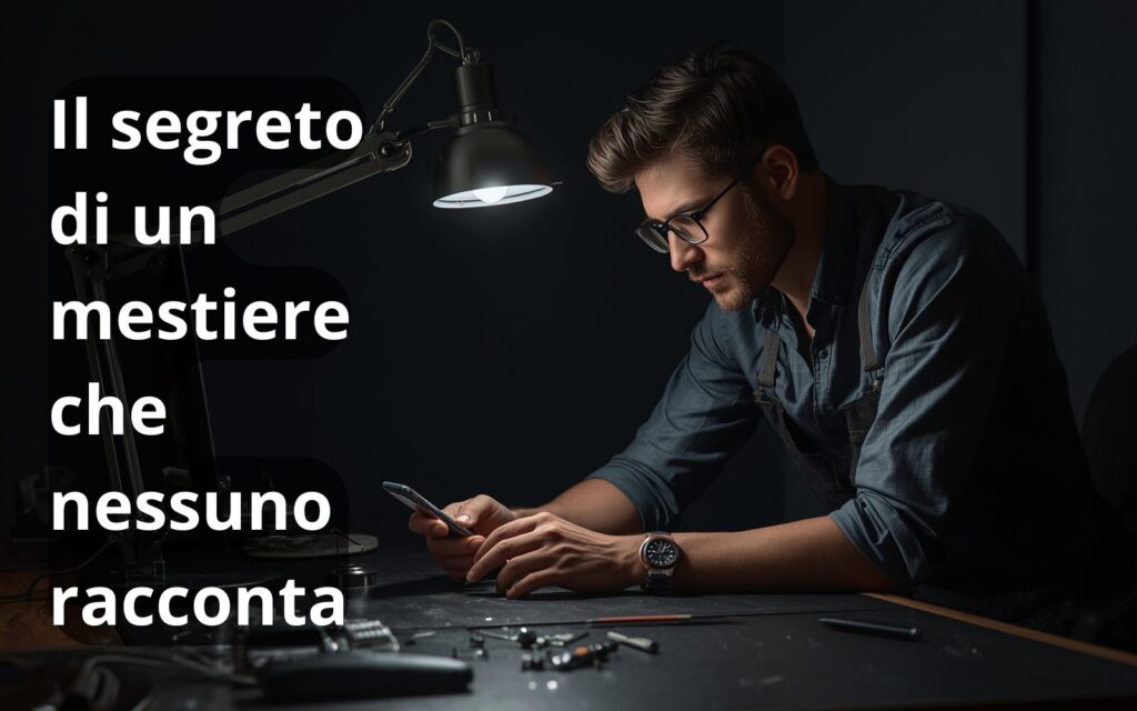 Giovane tecnico concentrato alla riparazione di uno smartphone sul banco da lavoro, simbolo del mestiere nascosto ma sempre più richiesto.