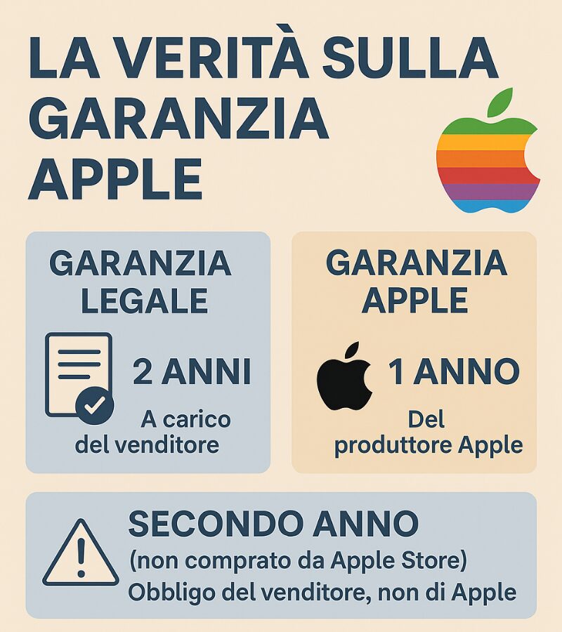 Infografica sulla garanzia Apple che spiega la differenza tra garanzia legale di 2 anni e garanzia del produttore di 1 anno, con i diritti del consumatore nel secondo anno: riparazione, sostituzione e rimborso.