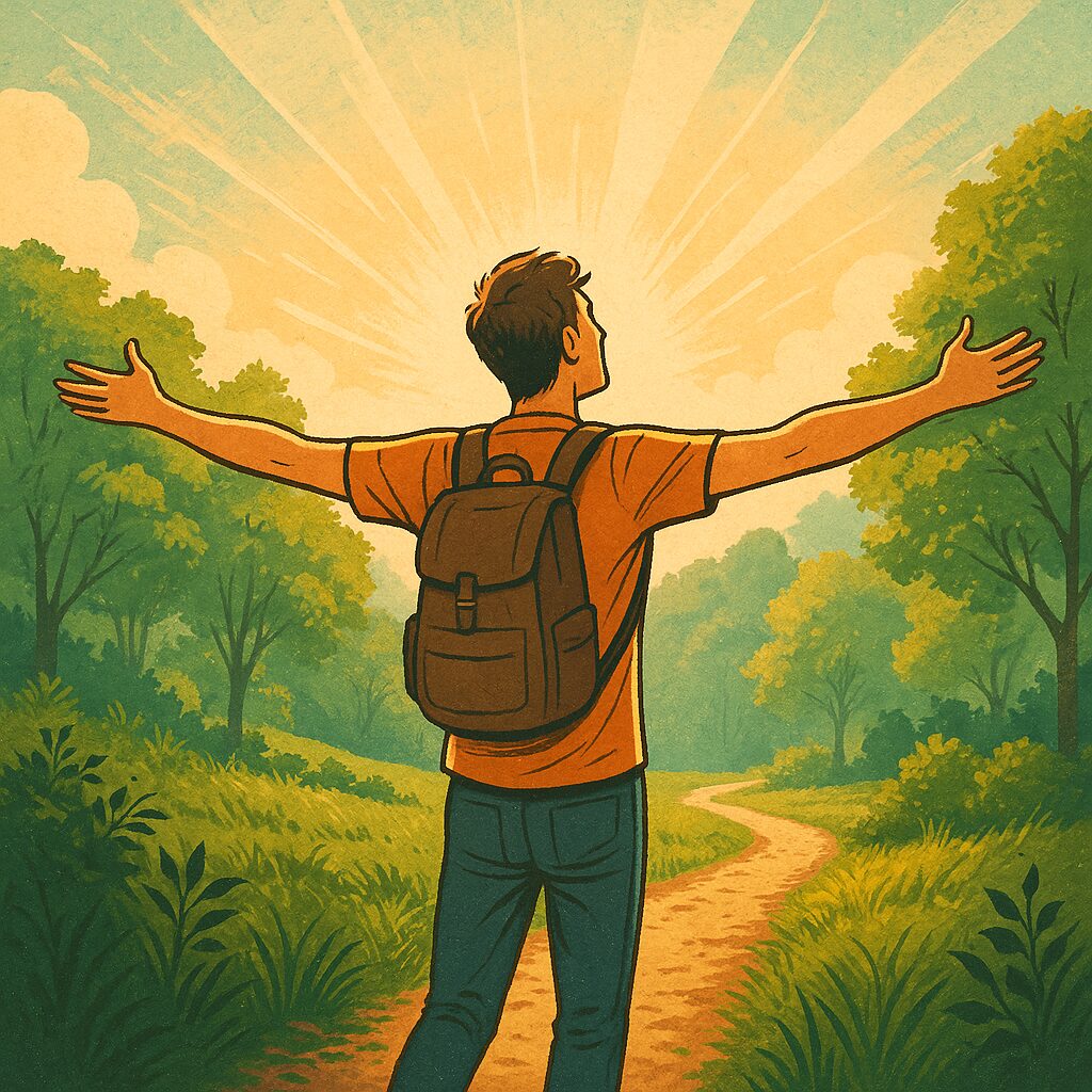 Illustrazione pubblicata da Stefano Baraniello che raffigura una persona con zaino, a braccia aperte, immersa nella natura e rivolta verso un sole radioso.