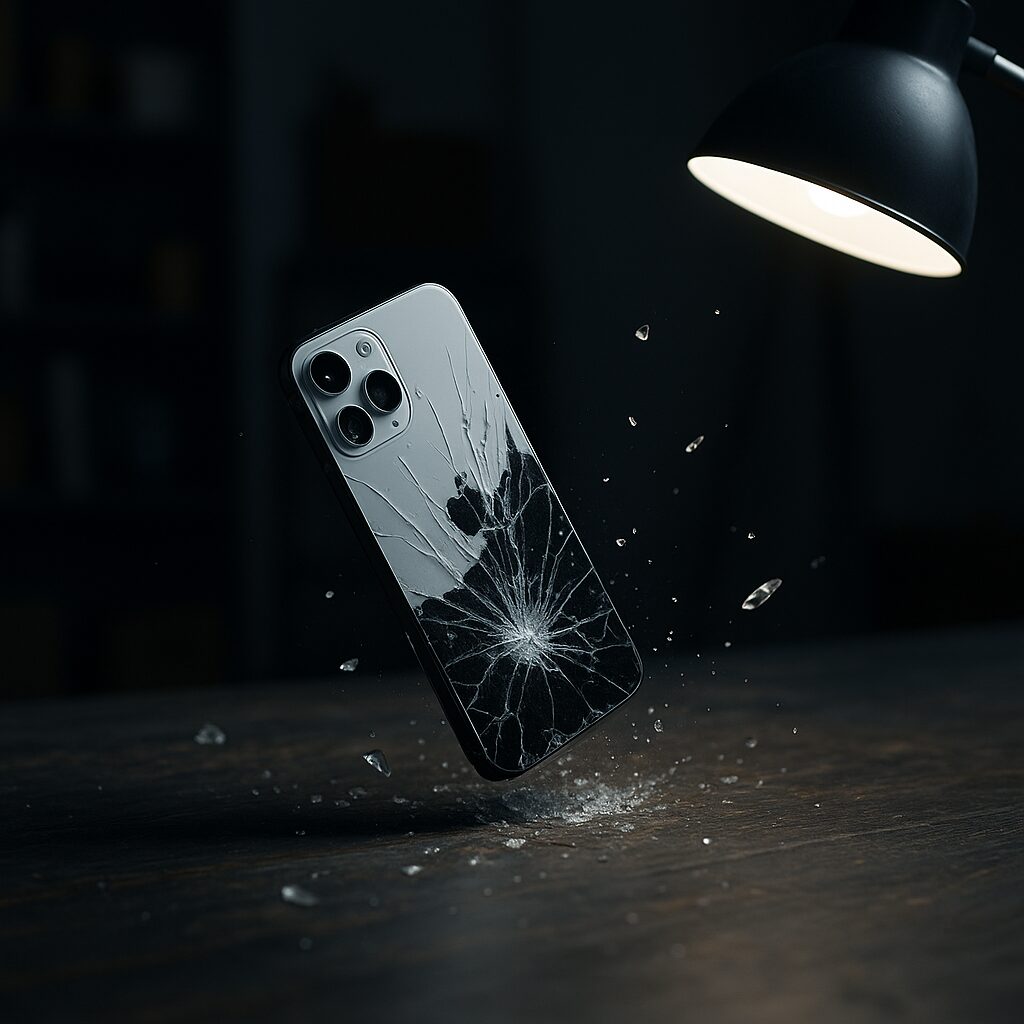 Un iPhone cade a terra e si frantuma, con il vetro posteriore in mille pezzi. StarterFix offre manuali e kit per imparare a riparare smartphone.