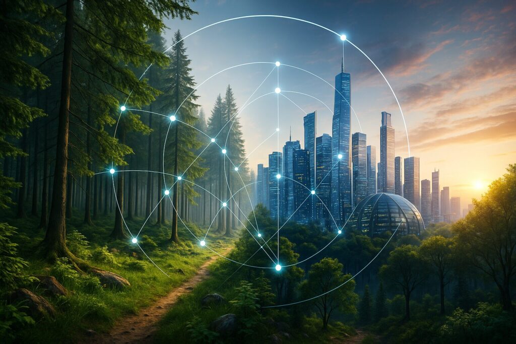 Contrasto tra città futuristica e natura nel futuro dell’umanità