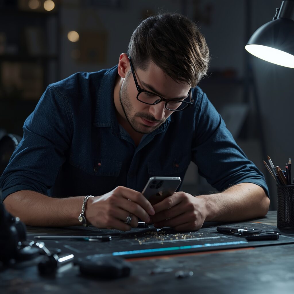 Giovane tecnico che ripara uno smartphone al banco di lavoro - StarterFix, guida e kit per imparare la riparazione dei cellulari.