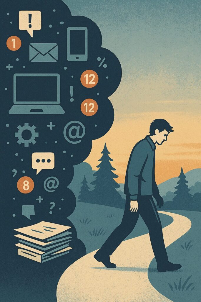 Illustrazione pubblicata da Stefano Baraniello che rappresenta una persona stanca camminando con la testa bassa, seguita da una nuvola di pensieri pieni di notifiche, email, lavoro e scadenze.