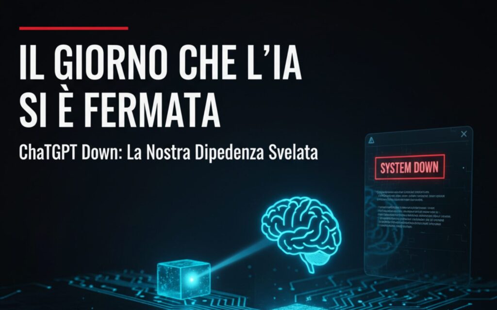 Immagine concettuale con cervello umano e chip di computer, messaggio "System Down", e titolo "Il Giorno Che l'IA Si è Fermata".