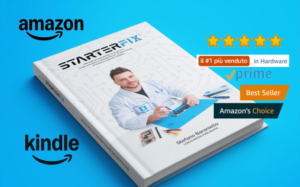 StarterFix di Stefano Baraniello, bestseller Amazon nella categoria Hardware, con copertina del manuale e badge “#1 più venduto”.