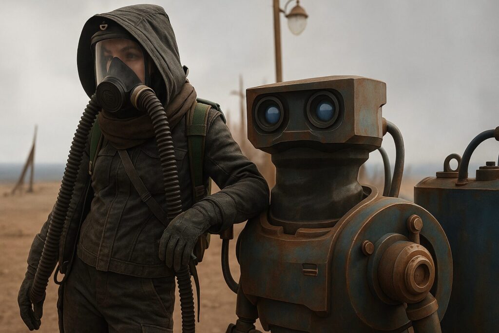 Uomo con maschera antigas accanto a un robot arrugginito in un paesaggio deserto post-apocalittico