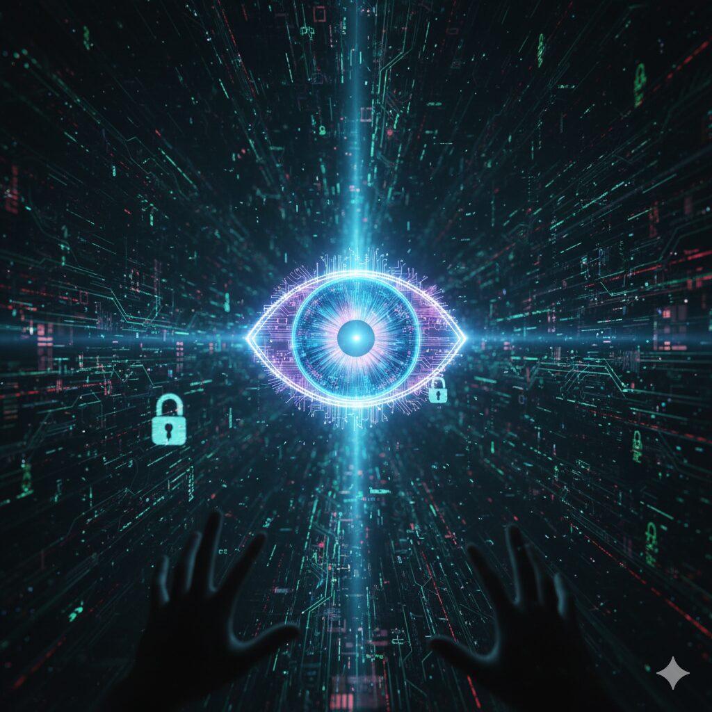 Utente frustrato davanti al laptop che mostra messaggio "ChatGPT is down", con sfondo scuro e circuiti digitali.