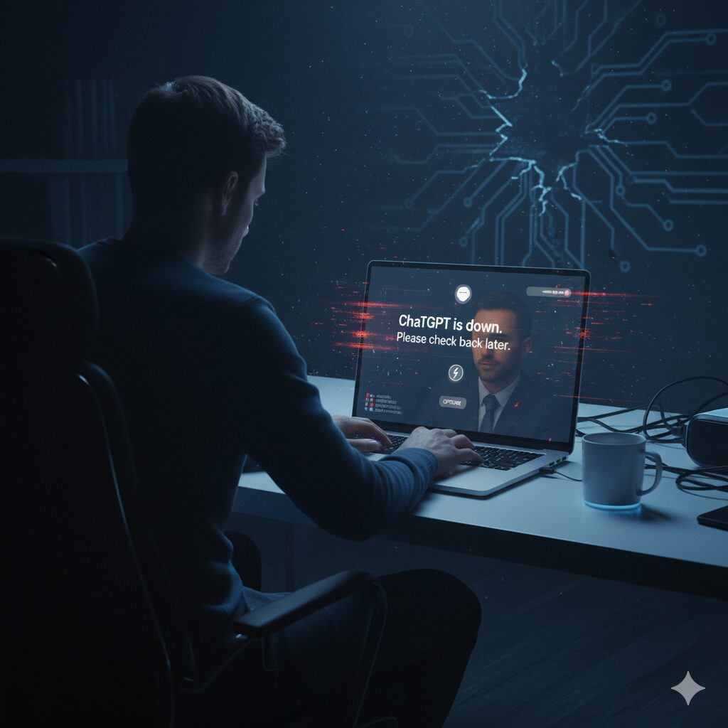 Utente frustrato davanti al laptop che mostra messaggio "ChatGPT is down", con sfondo scuro e circuiti digitali.