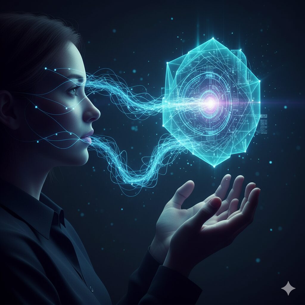 Donna con filamenti di luce che partono dagli occhi verso un cubo luminoso e astratto che rappresenta l'intelligenza artificiale.