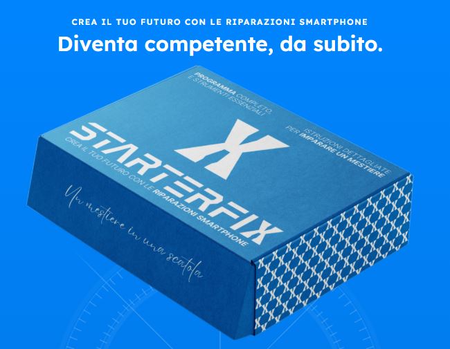 Scatola StarterFix di colore blu con logo e slogan “Crea il tuo futuro con le riparazioni smartphone” su sfondo azzurro.