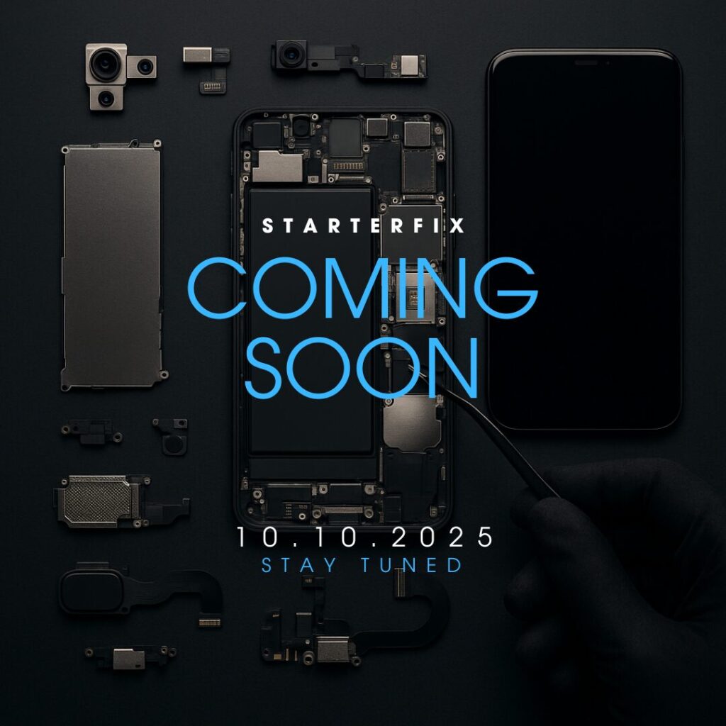 Immagine promozionale del lancio StarterFix con componenti di smartphone smontato su sfondo nero e la scritta “Coming Soon 10.10.2025”.
